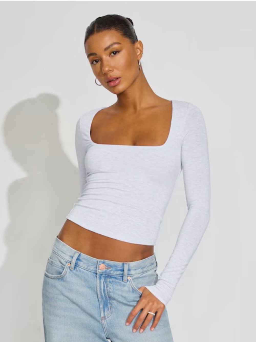 Garage Light Grey Smooth Open Neck Long Sleeve Tee